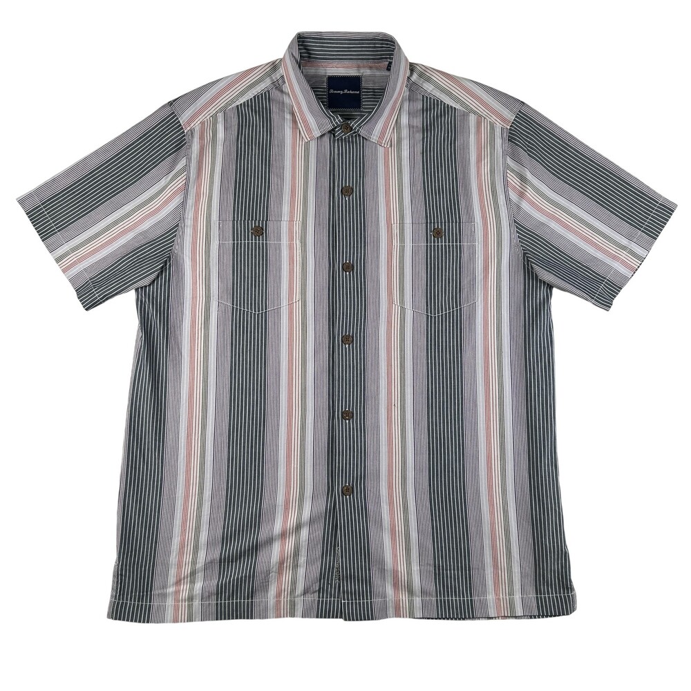 Tommy Bahama Shirt Mens Large Stripe Short Sleeve Silk Button Up IslandZon